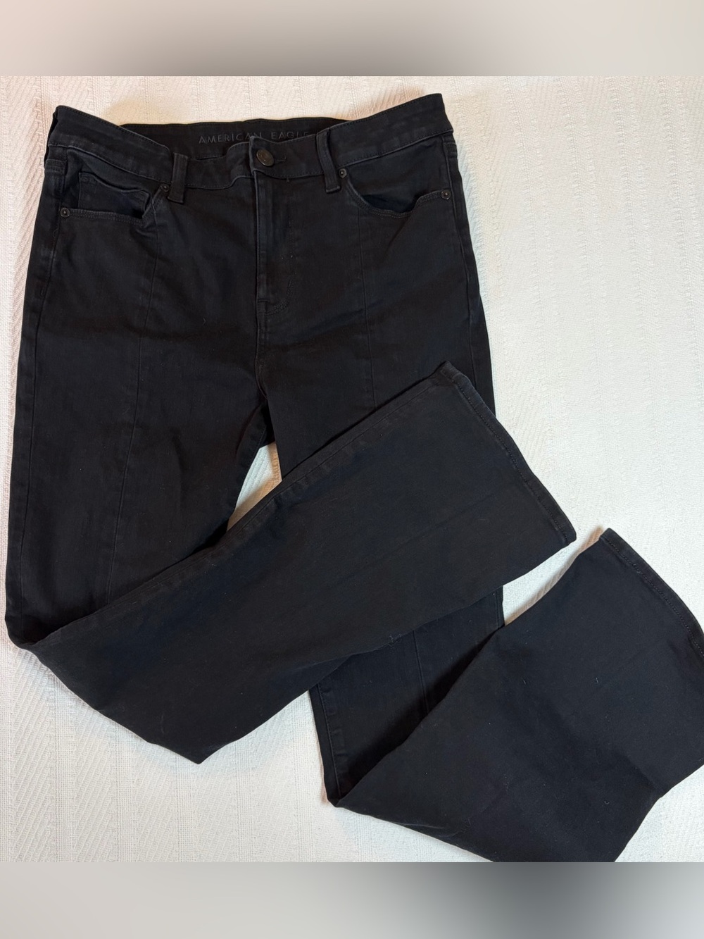 American Eagle Women’s Jeans Size 14 Black Split Hem Front Seam Long Kick Flare